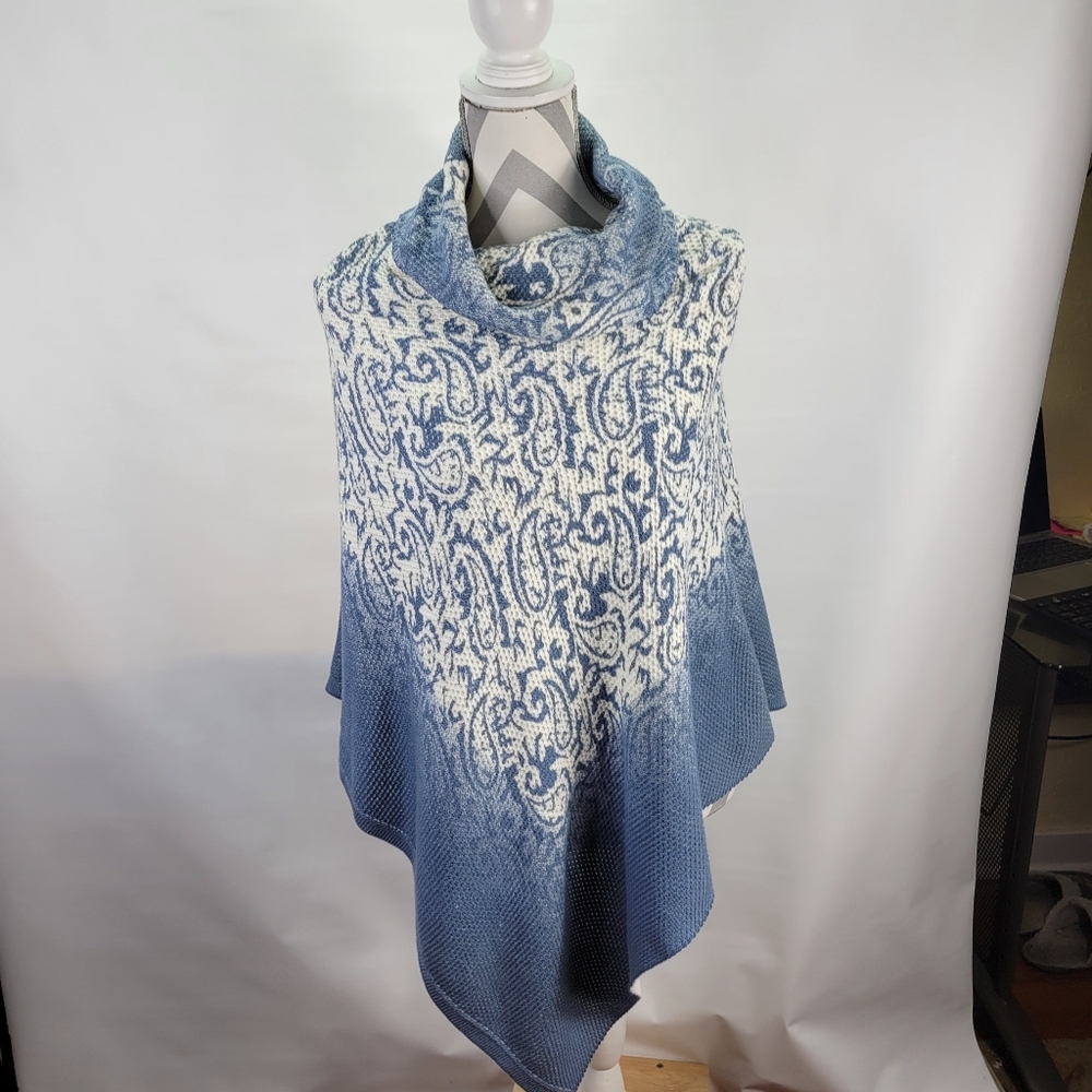 Chicos Sweater Knit Poncho Cowl Neck Denim Blue Paisly Cotton Blend One size